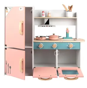 Unisex Wooden Pretend Play Kitchen Set-Simple Style Simulation Cooking Stove and Refrigerator Toy for Kids