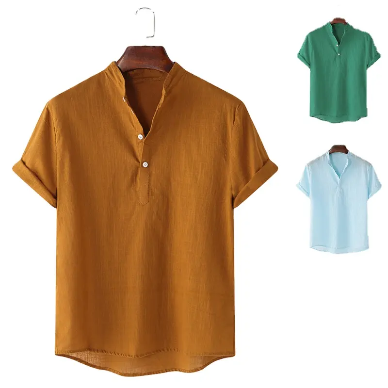 En gros été vente chaude hommes lin T-Shirt à manches courtes couleur unie mâle col montant station personnalisé coton chemise