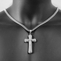 2028X071 Collier pendentif en or et argent à trois couches pour homme avec chaîne à maillons en acier inoxydable plaqué or