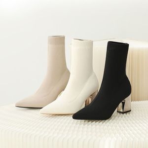 7CM/5CM 34-43 Botines Tacon Grueso Knit Stretchy Material Winter Fall Women's Heel <b>Boots</b> 2025 - Product Image 2