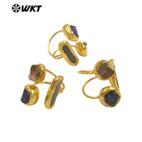WT-R606 Bagues ajustables pour femme, style vintage, plaqué or, avec trois pierres naturelles triangulaires brutes, bijoux assortis pour soirée dansante