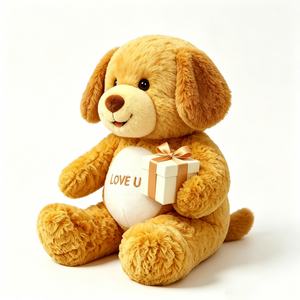 Peluche chien doré à oreilles souples personnalisée avec mini boîte cadeau, cadeau romantique, adorable chiot en peluche moelleux couleur tan. - Product Image 1
