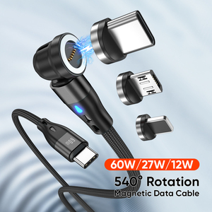 Cavo Dati Magnetico 3 in 1 per Ricarica Rapida PD 60W 3A per iPhone, Macbook Pro e <span class=keywords><strong>Samsung</strong></span> con Connettori <span class=keywords><strong>Micro</strong></span> <span class=keywords><strong>USB</strong></span> e Tipo C Girevoli a 540 Gradi - Product Image 2