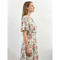 Robe en coton à imprimé floral pour femmes, robe mi-longue à manches courtes et col en V, décontractée pour le printemps et l'été