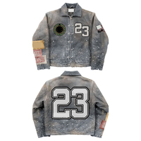 Fabricant d'équipement d'origine, veste streetwear en toile sergé de coton déchiré avec logo brodé sur patch personnalisé, veste en jean pour hommes en toile sergé vieilli