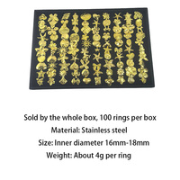 Lot de 100 bagues en acier inoxydable plaqué or, style punk, papillon doré, en boîte, vente en gros