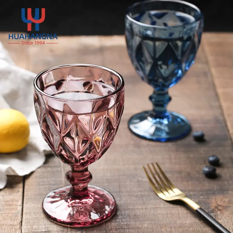 Wholesale Hot Sale 300ml 10oz All-purpose Pressed Pattern Colored Vintage Wine Glass Wedding Goblet for Party Hotel Restaurant