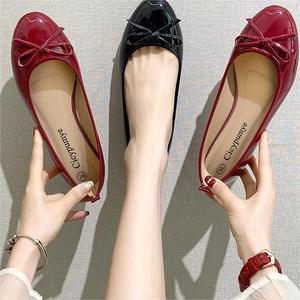 Ballet Style Single Shoe Women Soft Leather Round Toe Flat Shoes Patent Sole Knot Casual Women's - Product Image 1