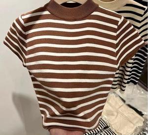 Nouveau haut court en tricot à <span class=keywords><strong>col</strong></span> montant pour <span class=keywords><strong>femme</strong></span>, vêtements pour femmes, meilleure vente, t-shirt à manches courtes - Product Image 2