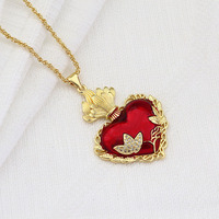 Collier pendentif Cœur Sacré Flamme Rouge Émaillé Plaqué Or 18K NZ1699 Tendance