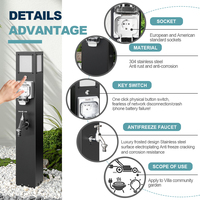 Poteau de parc en acier inoxydable 304 IP66 avec socle combiné eau et alimentation |   Boîtier simple + Robinet anti-gel + Commande à bouton-poussoir pour l'éclairage