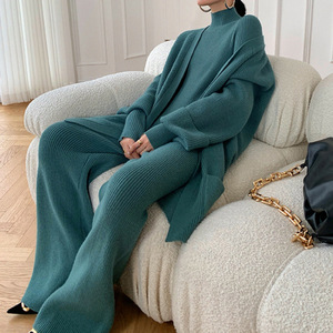 Nuevo diseño de cuello alto pulóver de punto cárdigan de manga larga pantalones de pierna ancha 3 conjuntos de suéter de mujer elegante suéter de mujer - Product Image 4