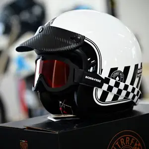 Helm sepeda motor serat karbon, helm Motocross Retro 3/4 off road, helm sepeda motor setengah musim