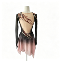 Robe de patinage artistique dégradé noir et rose, manches longues, dos ouvert, strass, pour adultes et enfants