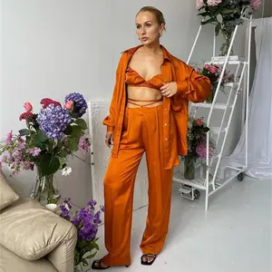 Sexy Women's Wear 2022 Spring Summer New Leisure Holiday Three Piece Satin Shirt Tank Top Straight Pants Set