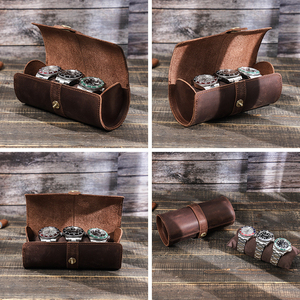 Wholesale Travel <b>Watch</b> Pouch Genuine Leather Quality Round 3 Slots Travel <b>Watch</b> Holder <b>Watch</b> Display <b>Cases</b> Roll Pouch - Product Image 3