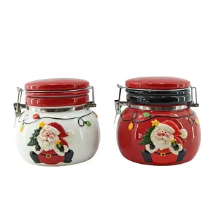 圣诞风格手绘陶瓷封口罐气密罐圣诞老人设计食品储藏罐，带密封盖和金属夹