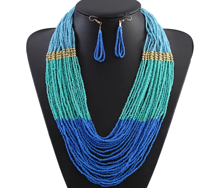 Woman colorful seed beads ethnic Necklaces earring sets Bohemian statement necklace costume garment jewelry