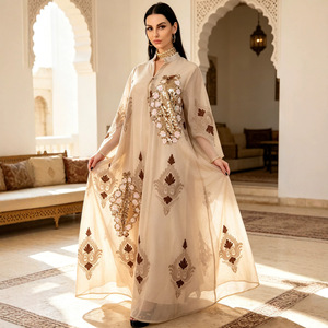 Ethnische Bluse Damen Perlenbesetztes Blatt-Stickerei Transparentes Langarm-Kleid Modisches Elegantes Einteiliges Kleid - Product Image 1