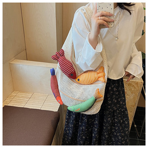 Borsa a Spalla Lavorata a Maglia con Nappa Stile Bohemien Retrò a Forma di Pesciolino Carino, Borsa Tote in Tela Traforata con Decorazione 3D a Pesce Lavorata <span class=keywords><strong>all</strong></span>'<span class=keywords><strong>Uncinetto</strong></span>, Regalo per Donna - Product Image 3