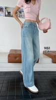 Pantalon large en jean bleu clair pour femme, personnalisé en usine, écologique, respirant, taille haute, effet usé, grande taille, coupe droite