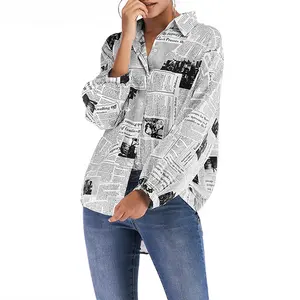 Autumn New Women Fashion Versatile English Letters Newspaper Pattern Print Button Loose Long Sleeve Shirt Blouse