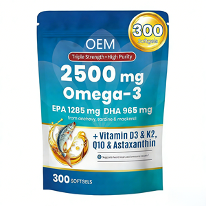 Capsules d'huile de poisson oméga-3 à triple force pour adultes, 2500 mg, EPA, DHA, vitamine D3, K2, Q10, astaxanthine, soutien du cœur et du cerveau - Product Image 1
