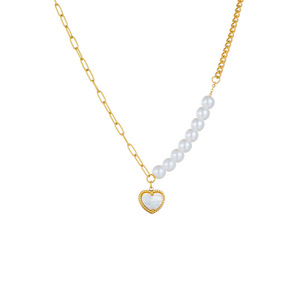 European American Style Pearl Chain Gold Plated Heart Pendant Necklace Stainless Steel Gift Jewelry - Product Image 5