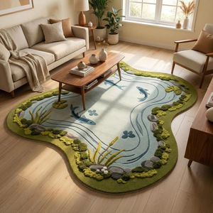 Tapis en laine tufté irrégulier, motif poisson Koi et étang, inspiré de la nature, vert mousse et bleu, pour chambre, salon, espace détente, vente en gros - Product Image 2
