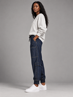 Pantalon cargo en jean pour femme, bleu foncé, taille à cordon de serrage, multi-poches