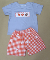 Romper Bayi Perempuan Clemson Smocked Bubble Orange Check Gingham Football dengan Lengan Ruffle Ungu untuk Balita