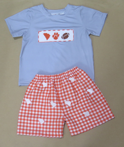 Combinaison pour bébé fille Clemson à smocks, motif à carreaux orange, style football, avec manches à volants violettes, pour tout-petits - Product Image 4