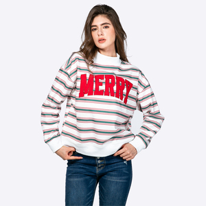 Custom <strong>Women's</strong> MERRY Letter Applique Embroidery Striped Mock Neck Long Sleeve Loose <strong>Christmas</strong> Pullover <strong>Sweatshirt</strong> Manufacturer - Product Image 1
