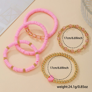 Pink Polymer Clay Heart Shaped <b>Beaded</b> <b>Bracelet</b> Set For Women Party Jewelry 5 Piece Bohemian Style CCB Crystal Beads - Product Image 4