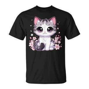 Camiseta Cat Kitten With Cherry Blossoms, color negro, unisex, talla para adultos - Product Image 1