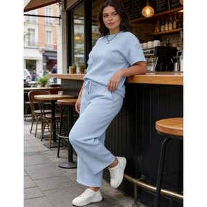 FOXA Womens Plus Size Sweatsuit 2 Piece Summer Short Sleeve <b>Tops</b> Wide Leg Pants Tracksuit Lounge Sets - Product Image 2