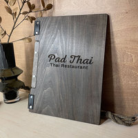 Porte-menu rétro en contreplaqué, personnalisé avec logo couleur gravé au laser, pour restaurant, café, traiteur, avec reliure en cuir et classeur à feuilles mobiles