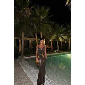 Brown Madelyn Glittering Long Evening Dress Romantic <b>Vintage</b> Style <b>Ball</b> <b>Gown</b> High Simple Design XL Polyester Floor-Length Sheath - Product Image 2