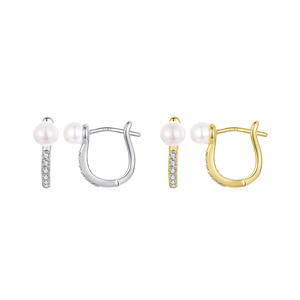 Boucles d'oreilles classiques Huggie avec perle d'imitation et diamant taille brillant rond serti en canal pour femme, bijoux en alliage plaqué or - Product Image 1
