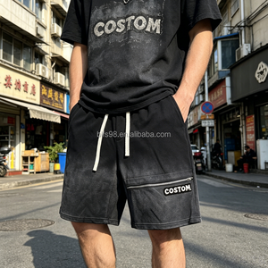 Men's Washed Cotton Cargo Shorts Mid Waist Drawstring Bermuda With Pockets Letter Print Plus Size Casual Style - Product Image 1
