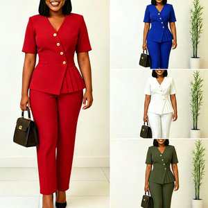 Costumes tendance pour femmes C8663, vêtements de bureau, tenue de travail formelle pour femmes, pantalon slim + ensemble à manches courtes et col en V - Product Image 2