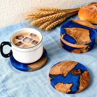 Sous-verres en résine bleue YINHAO, personnalisés, 4 pouces, en résine époxy et bois, design luxueux, style rond, pour la maison, les mariages, les tables