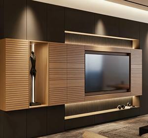 Meuble TV mural sur mesure, design moderne bicolore avec panneaux nervurés rétroéclairés et niche d'exposition pour salons intelligents - Product Image 3