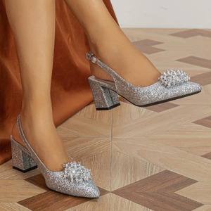 Glitter Pearl Flower <b>Pointed</b>-toe Women's Sexy Block Heel Sandals Silver High-heeled Shoes Pumps - Product Image 5