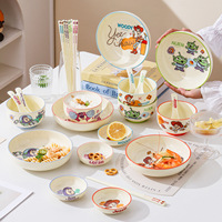 Service de table en céramique à motifs de dessins animés pour enfants, comprenant assiette, bol, cuillère et baguettes, ensemble de vaisselle en porcelaine mignon