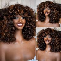 Perruque Lace Front Bouclée Super Super Densité 300% en Cheveux Humains Bruts Vietnamiens, Fabriquée à la Machine, Couleur Noir Piano avec Mèches Brunes, Sans Colle