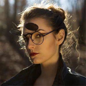 Jamie 3057 Retro Metal Steampunk Flip Sunglasses Unisex Round <b>Frame</b> Gold Color UV400 Protection - Product Image 3