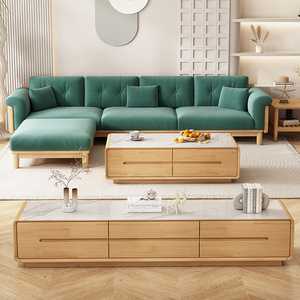 Sofá Nórdico de Madera Maciza en Forma de L con Tapicería Crema, Chaise Longue Esquinera con Almacenamiento, Juego de Muebles para Sala de Estar - Product Image 2