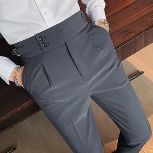 Celana panjang Slim Fit pria, Bawahan kerja kasual bisnis warna Solid, pinggang tinggi untuk lelaki
