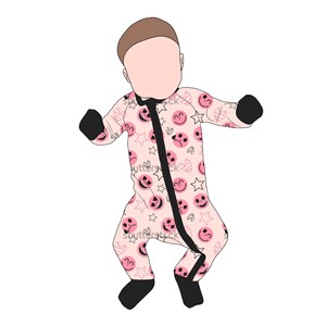 Piyama Bayi Bambu Motif Pink Halloween Merek Terkenal Custom Romper Bayi Bambu Lembut dengan Ritsleting untuk Anak Laki-laki dan Perempuan Grosir - Product Image 1
